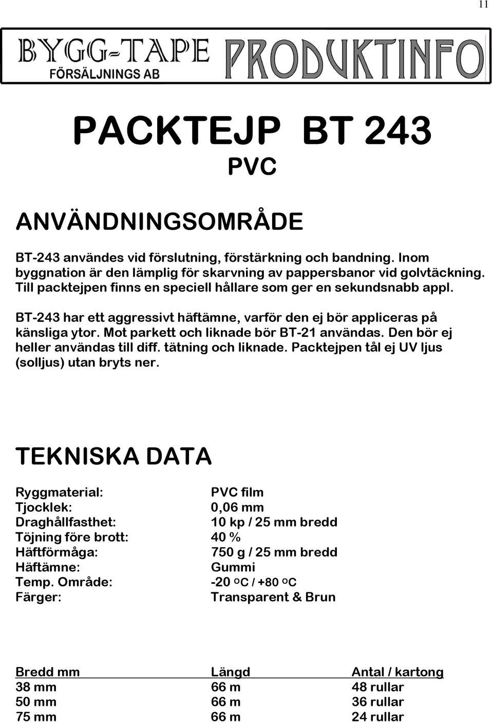 Mot parkett och liknade bör BT-21 användas. Den bör ej heller användas till diff. tätning och liknade. Packtejpen tål ej UV ljus (solljus) utan bryts ner.