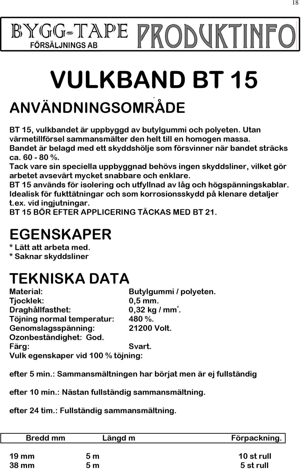 Tack vare sin speciella uppbyggnad behövs ingen skyddsliner, vilket gör arbetet avsevärt mycket snabbare och enklare. BT 15 används för isolering och utfyllnad av låg och högspänningskablar.