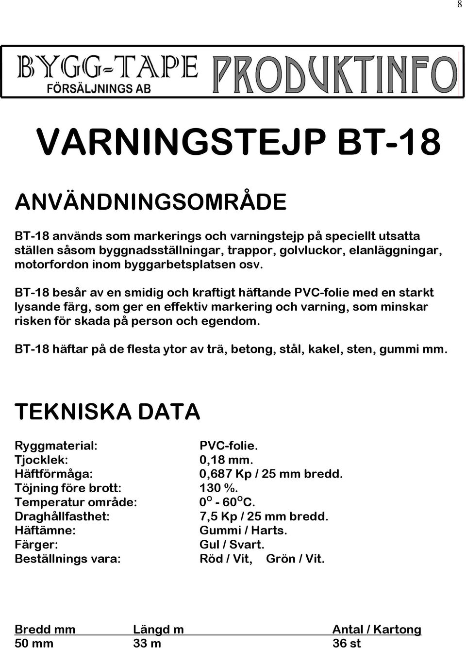 BT-18 besår av en smidig och kraftigt häftande PVC-folie med en starkt lysande färg, som ger en effektiv markering och varning, som minskar risken för skada på person och