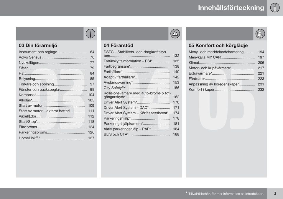 .. 99 City Safety... 156 Kompass*... 104 Kollisionsvarnare med auto-broms & fotgängarskydd*... 162 Alkolås*... 105 Driver Alert System*... 170 Start av motor... 109 Driver Alert System DAC*.