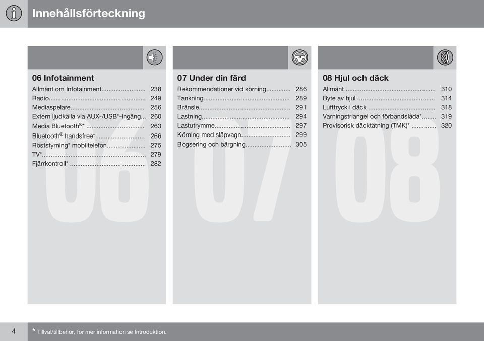 .. 297 Bluetooth handsfree*... 266 Körning med släpvagn... 299 Röststyrning* mobiltelefon... 275 Bogsering och bärgning... 305 TV*... 279 Fjärrkontroll*.