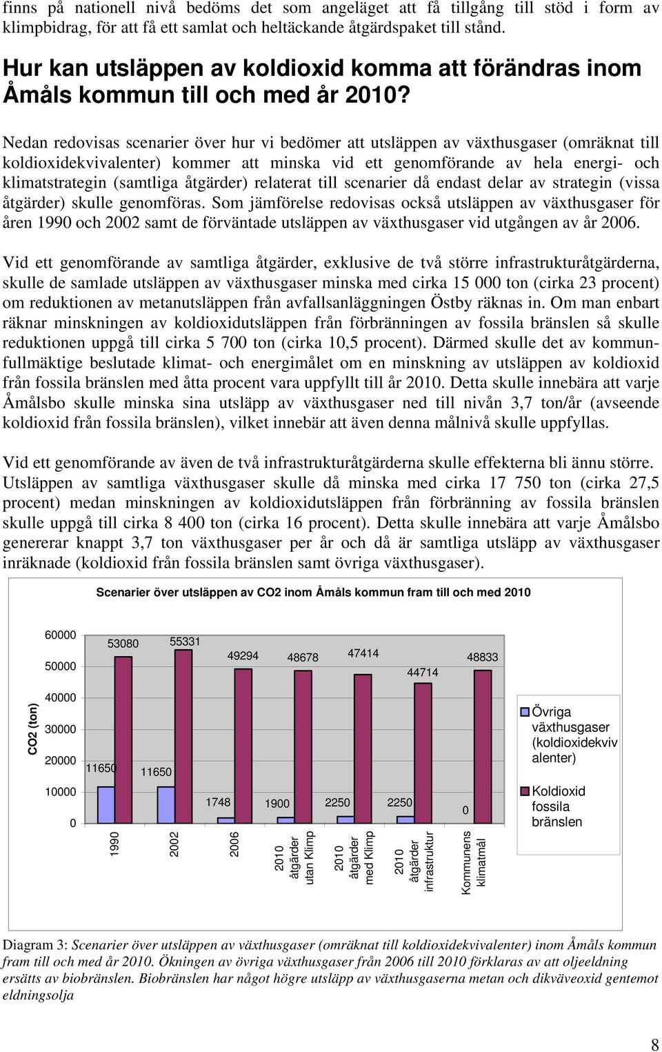 Nedan redovisas scenarier över hur vi bedömer att utsläppen av växthusgaser (omräknat till koldioxidekvivalenter) kommer att minska vid ett genomförande av hela energi- och klimatstrategin (samtliga