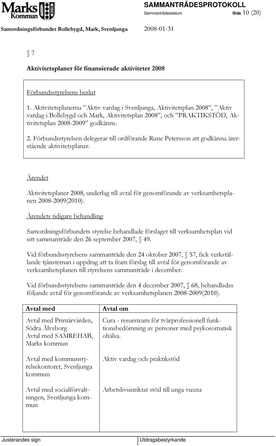 Aktivitetsplaner 2008, underlag till avtal för genomförande av verksamhetsplanen 2008-2009(2010).