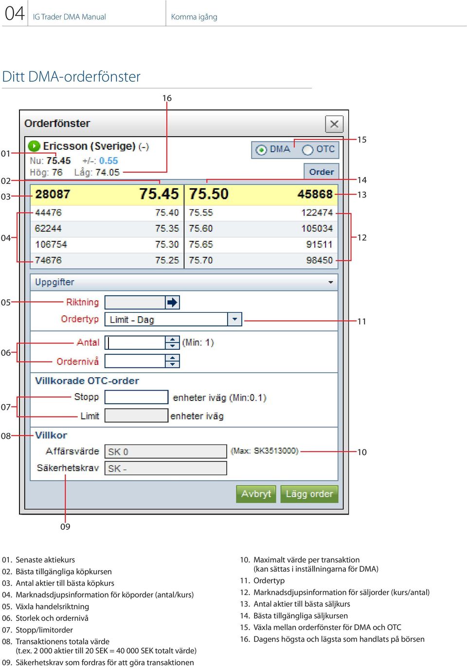ex. 2 000 aktier till 20 SEK = 40 000 SEK totalt värde) 09. Säkerhetskrav som fordras för att göra transaktionen 10. Maximalt värde per transaktion (kan sättas i inställningarna för DMA) 11.