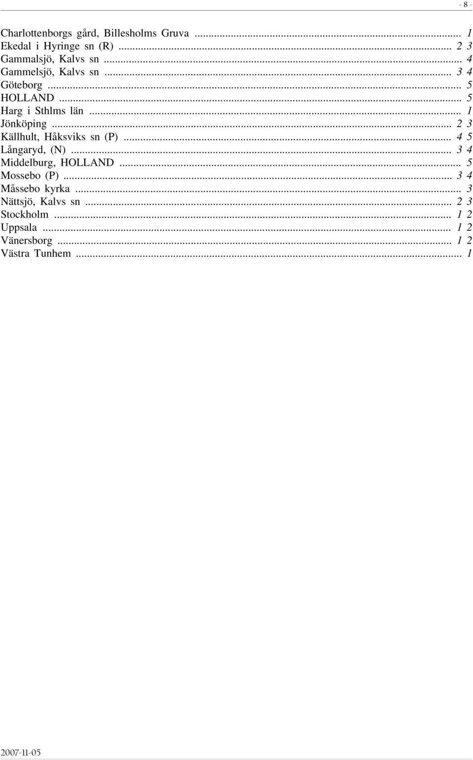.. 2 3 Källhult, Håksviks sn (P)... 4 5 Långaryd, (N)... 3 4 Middelburg, HOLLAND... 5 Mossebo (P).