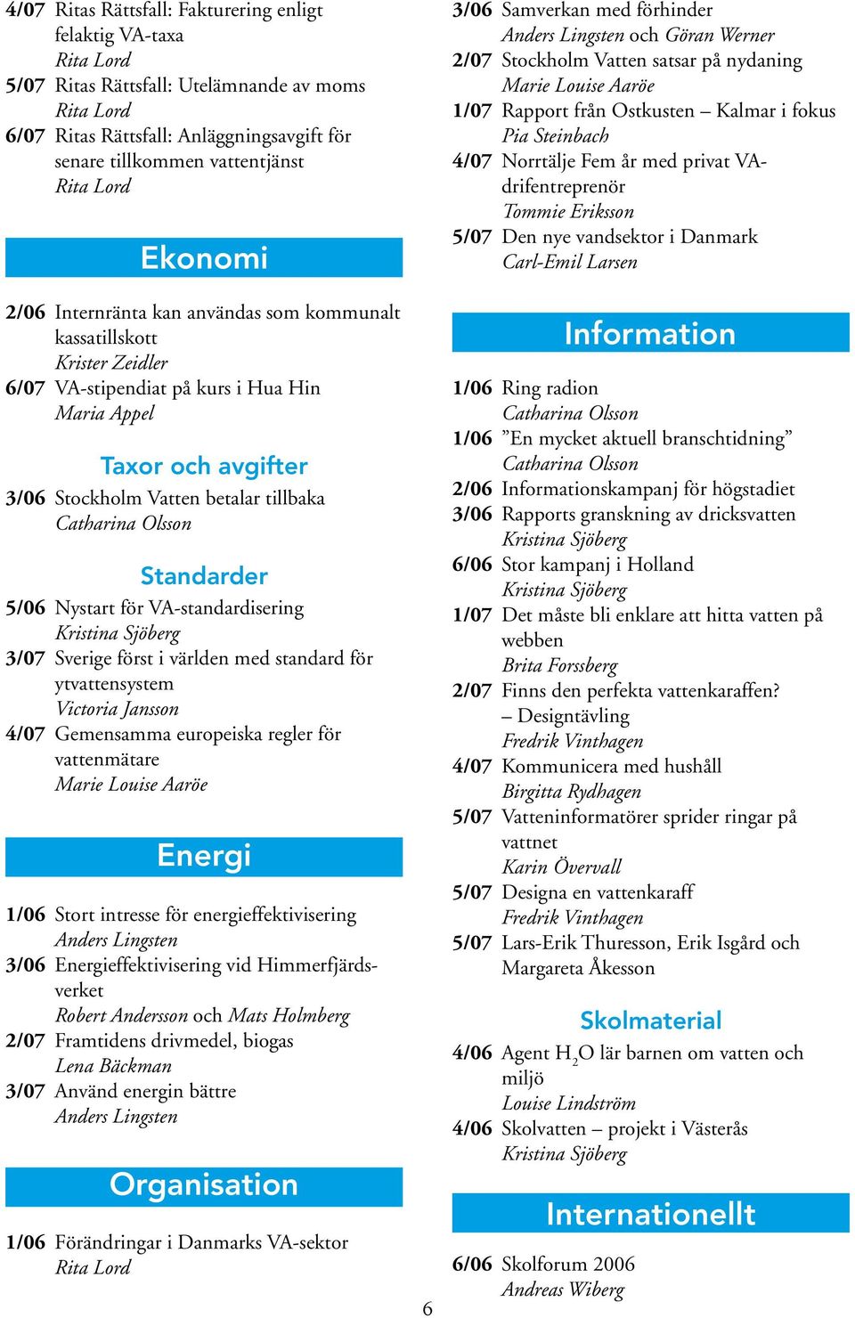 VA-standardisering 3/07 Sverige först i världen med standard för ytvattensystem Victoria Jansson 4/07 Gemensamma europeiska regler för vattenmätare Energi 1/06 Stort intresse för