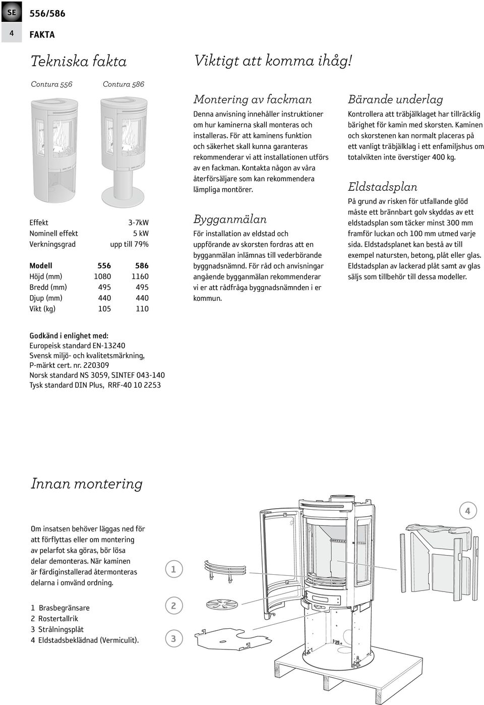 anvisning innehåller instruktioner om hur kaminerna skall monteras och installeras.