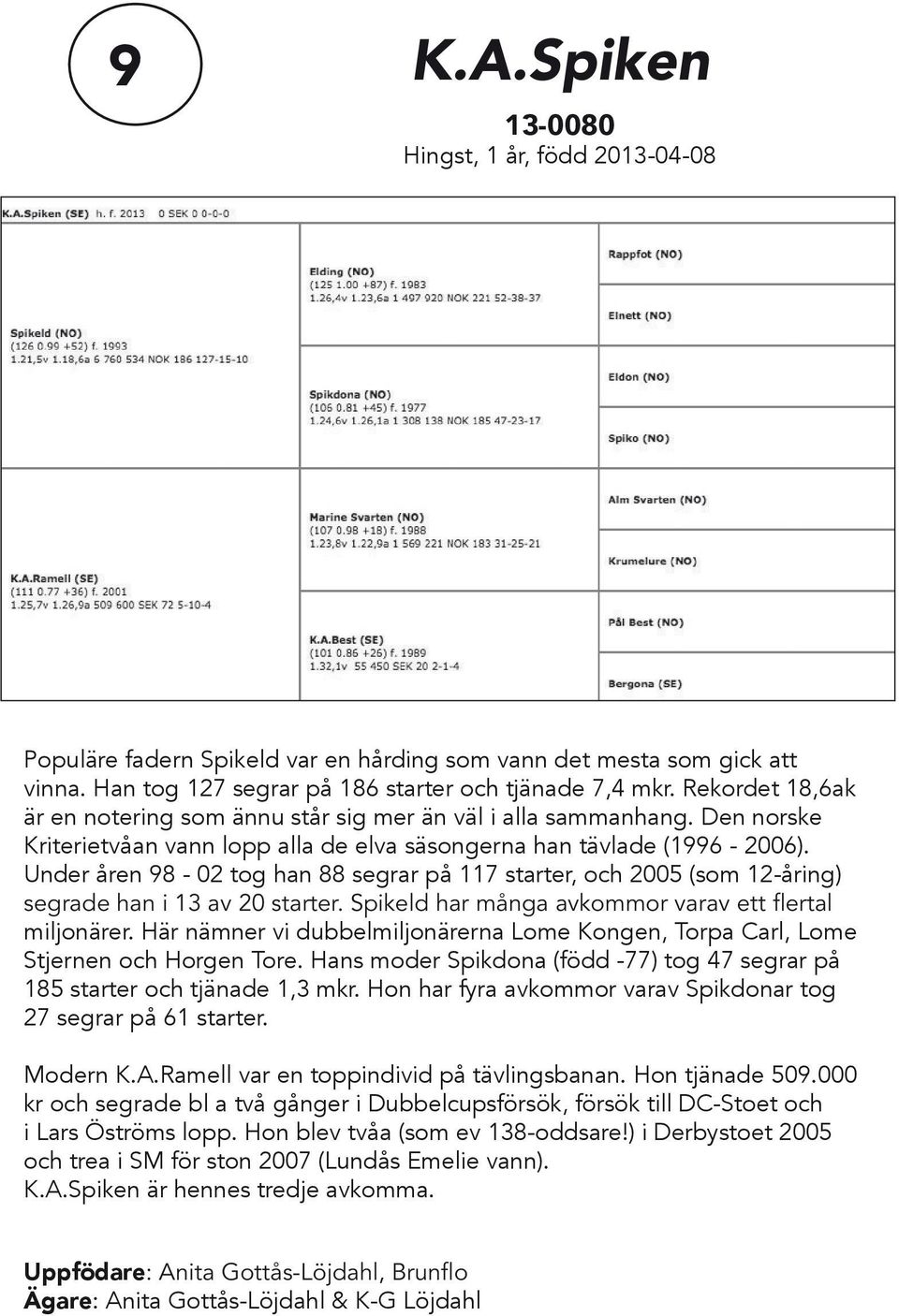 Under åren 98-02 tog han 88 segrar på 117 starter, och 2005 (som 12-åring) miljonärer. Här nämner vi dubbelmiljonärerna Lome Kongen, Torpa Carl, Lome Stjernen och Horgen Tore.