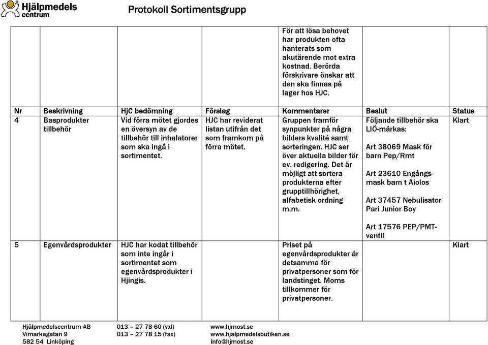 Följande tillbehör ska LIÖ-märkas: Art 38069 Mask för barn Pep/Rmt Gruppen framför synpunkter på några bilders kvalité samt sorteringen. HJC ser över aktuella bilder för ev. redigering.