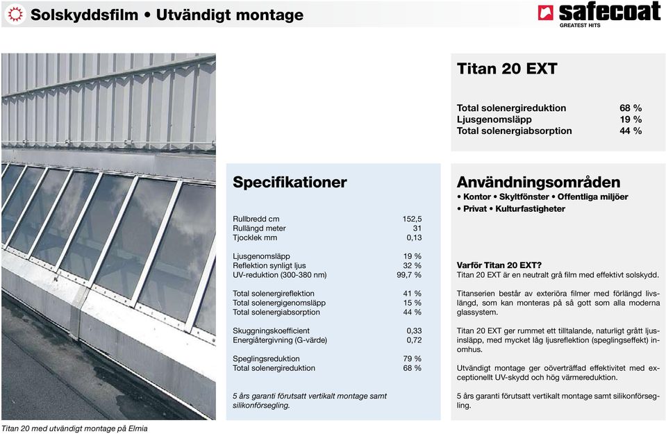 0,72 Speglingsreduktion 79 % Total solenergireduktion 68 % 5 års garanti förutsatt vertikalt montage samt silikonförsegling.