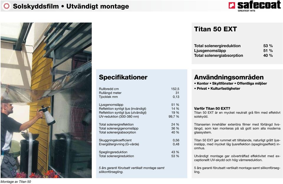 Skuggningskoefficient 0,56 Energiåtergivning (G-värde) 0,48 Speglingsreduktion 43 % Total solenergireduktion 53 % 5 års garanti förutsatt vertikalt montage samt silikonförsegling.