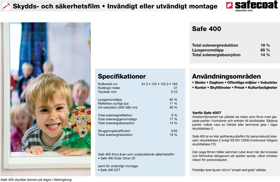 Total solenergireduktion 19 % Safe 400 finns även som solskyddande säkerhetsfilm Safe 400 Solar Silver 20 samt för utvändigt montage Safe 400 EXT Skolor Daghem Offentliga miljöer Industrier Kontor