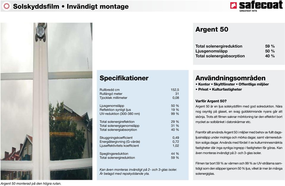 0,72 Ljuseffektivitets koefficient 1,02 Speglingsreduktion 44 % Total solenergireduktion 59 % Kan även monteras invändigt på 2- och 3-glas isoler. Är belagd med repskyddande yta.