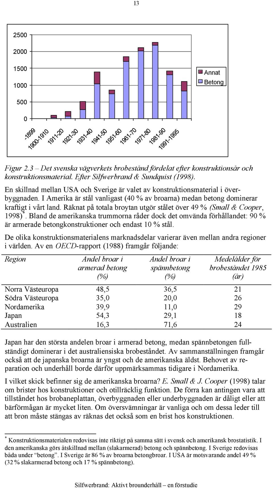 En skillnad mellan USA och Sverige är valet av konstruktionsmaterial i överbyggnaden. I Amerika är stål vanligast (40 % av broarna) medan betong dominerar kraftigt i vårt land.