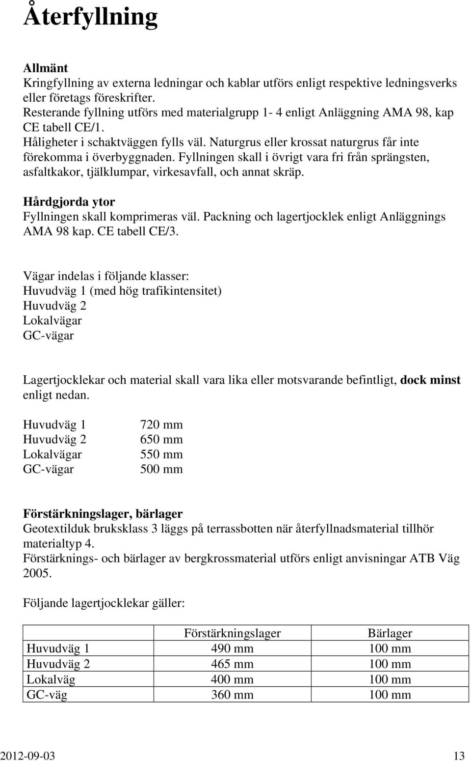 Naturgrus eller krossat naturgrus får inte förekomma i överbyggnaden. Fyllningen skall i övrigt vara fri från sprängsten, asfaltkakor, tjälklumpar, virkesavfall, och annat skräp.