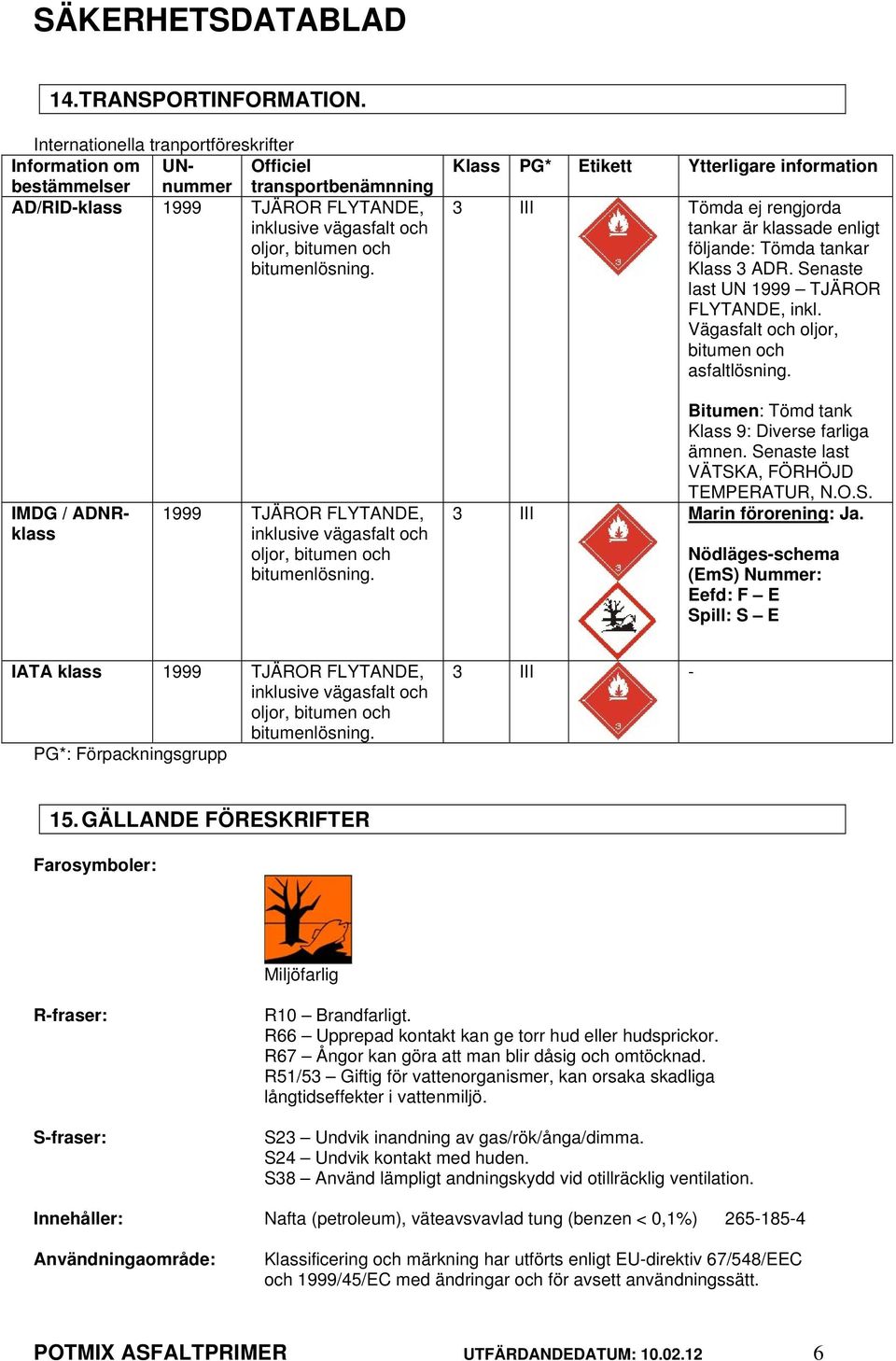 Klass PG* Etikett Ytterligare information 3 III Tömda ej rengjorda tankar är klassade enligt följande: Tömda tankar Klass 3 ADR. Senaste last UN 1999 TJÄROR FLYTANDE, inkl.