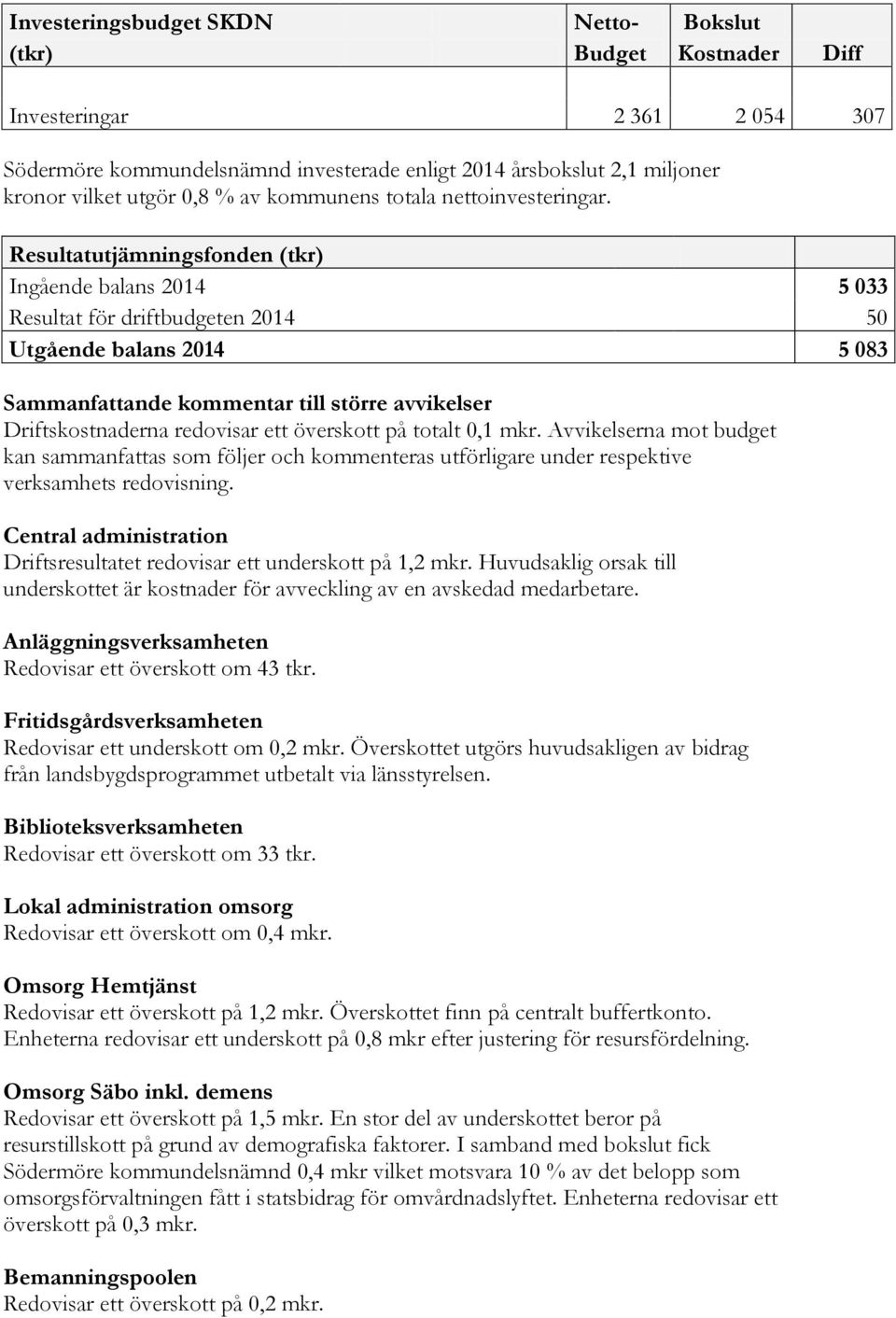 Resultatutjämningsfonden (tkr) Ingående balans 2014 5 033 Resultat för driftbudgeten 2014 50 Utgående balans 2014 5 083 Sammanfattande kommentar till större avvikelser Driftskostnaderna redovisar ett