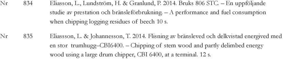 A performance and fuel consumption when chipping logging residues of beech 10 s. Nr 835 Eliassson, L.