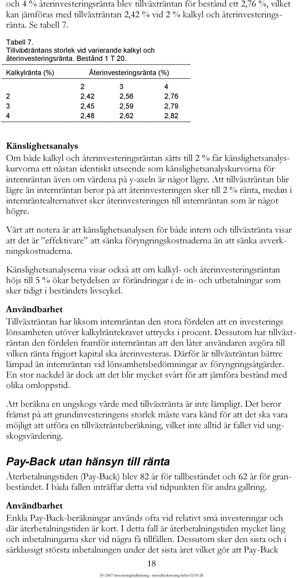 Kalkylränta (%) Återinvesteringsränta (%) 2 3 4 2 2,42 2,56 2,76 3 2,45 2,59 2,79 4 2,48 2,62 2,82 Känslighetsanalys Om både kalkyl och återinvesteringsräntan sätts till 2 % får