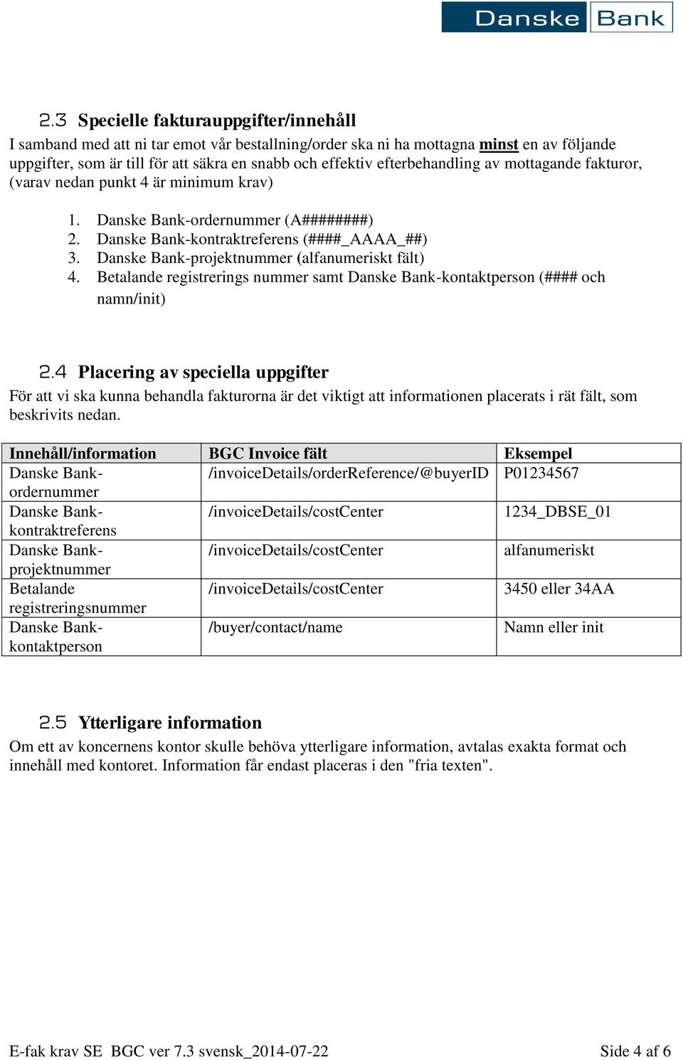 Danske Bank-projektnummer (alfanumeriskt fält) 4. Betalande registrerings nummer samt Danske Bank-kontaktperson (#### och namn/init) 2.