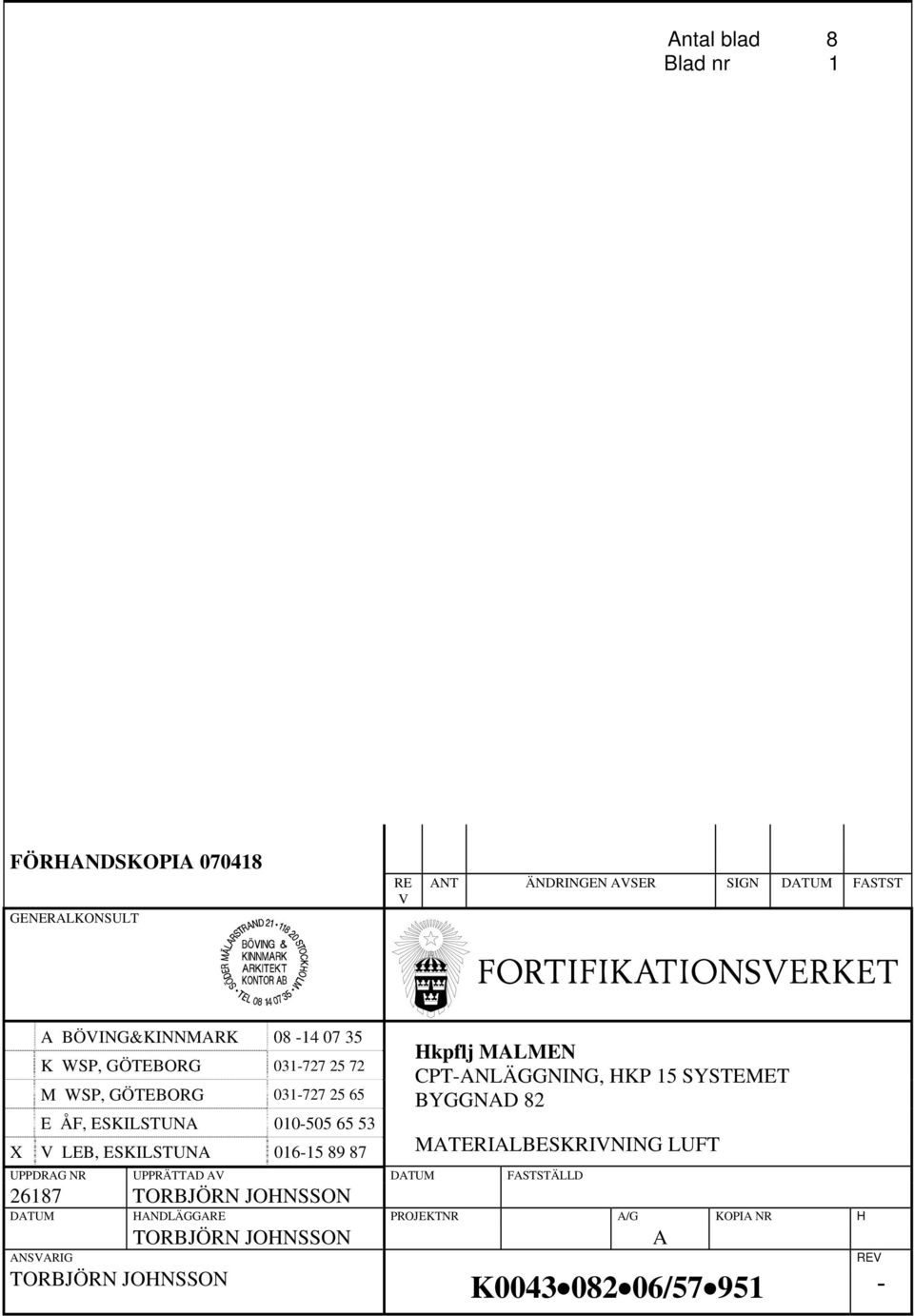 ESKILSTUNA 010-505 65 53 X V LEB, ESKILSTUNA 016-15 89 87 MATERIALBESKRIVNING LUFT UPPDRAG NR UPPRÄTTAD AV DATUM FASTSTÄLLD 26187