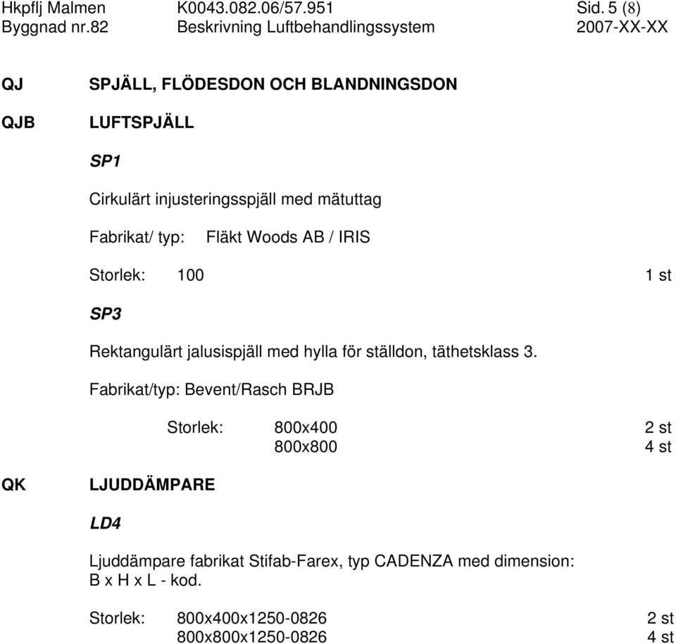 Fläkt Woods AB / IRIS Storlek: 100 SP3 Rektangulärt jalusispjäll med hylla för ställdon, täthetsklass 3.