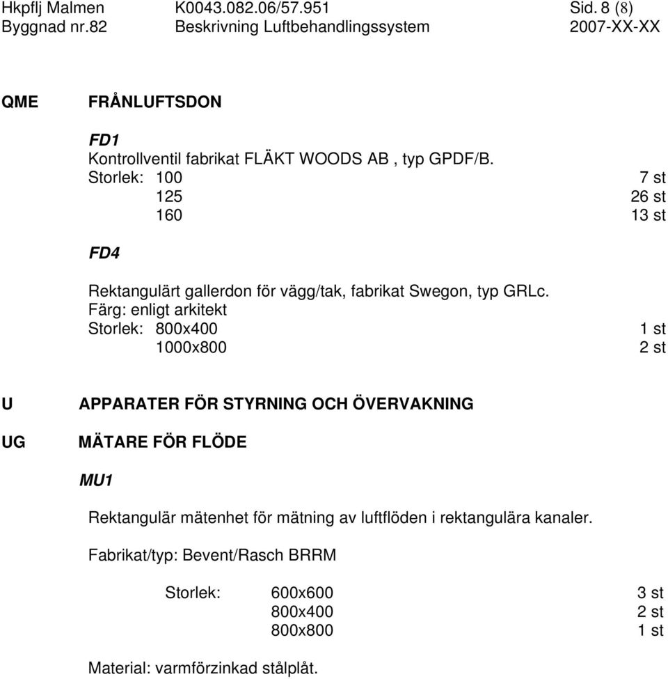 Färg: enligt arkitekt Storlek: 800x400 1000x800 2 st U UG APPARATER FÖR STYRNING OCH ÖVERVAKNING MÄTARE FÖR FLÖDE MU1 Rektangulär