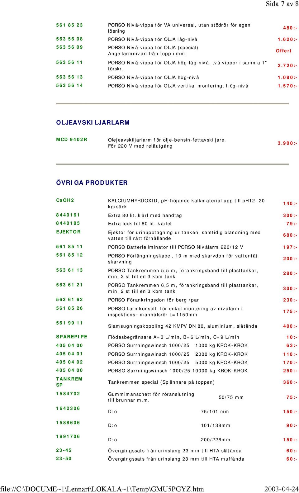 080:- OLJEAVSKILJARLARM MCD 9402R Olejeavskiljarlarm f ör olje-bensin-fettavskiljare. För 220 V med reläutgång ÖVRIGA PRODUKTER CaOH2 KALCIUMHYRDOXID, ph-höjande kalkmaterial upp till ph12.