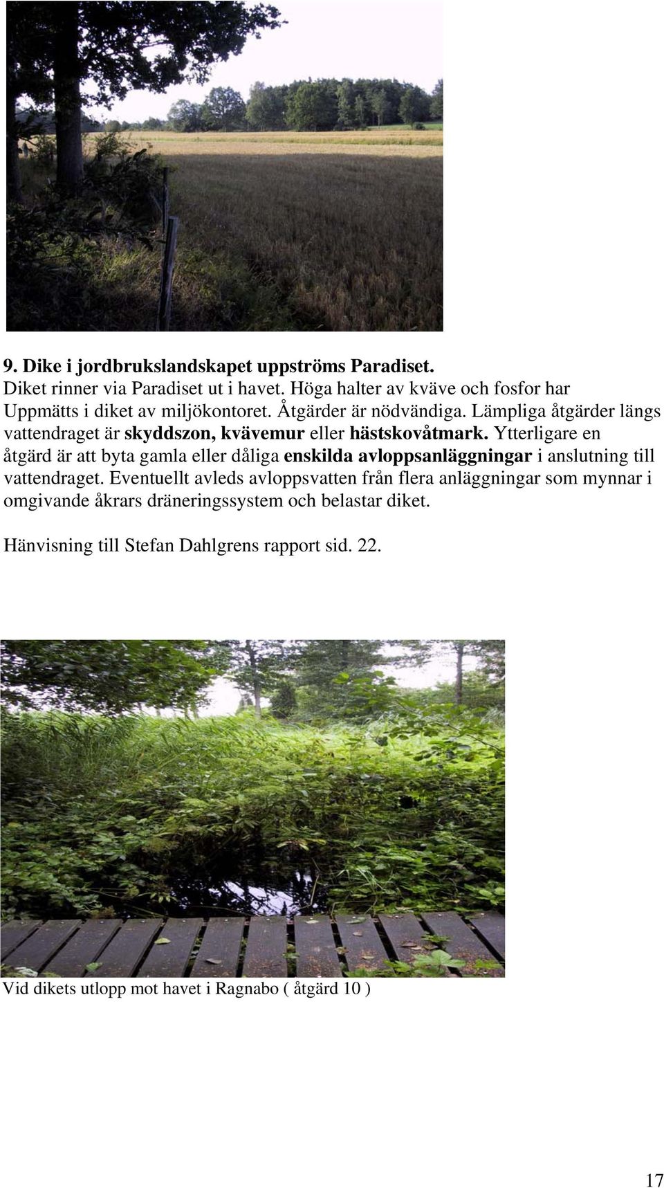 Lämpliga åtgärder längs vattendraget är skyddszon, kvävemur eller hästskovåtmark.