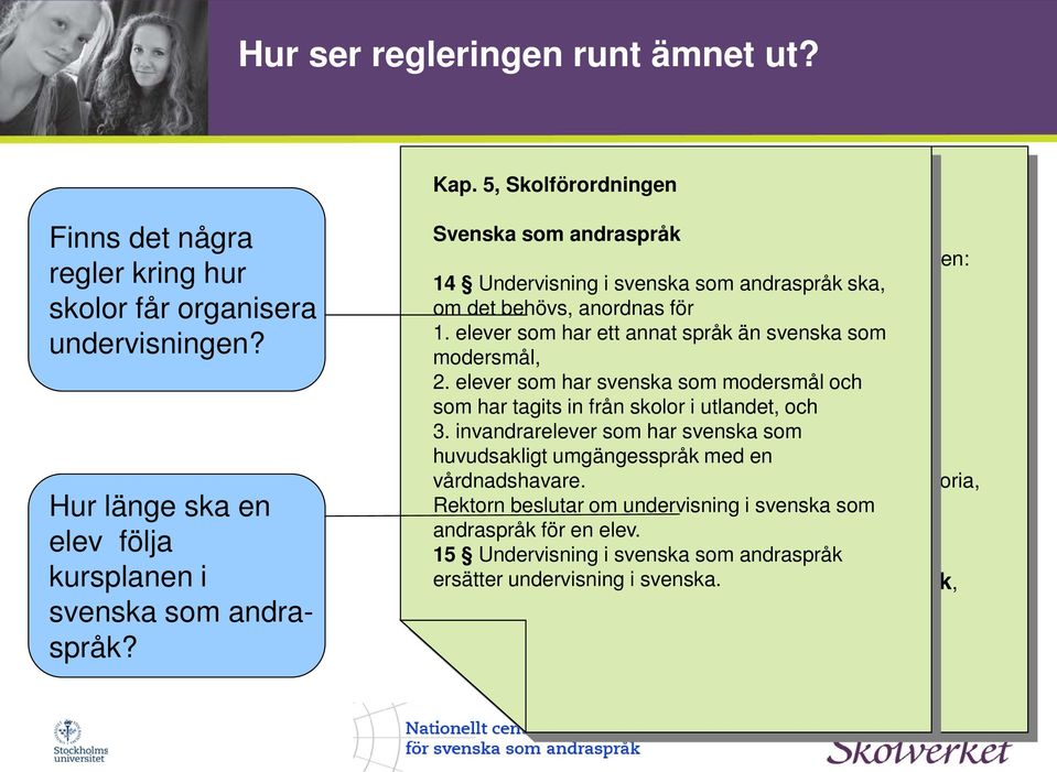 Svenska som Ämnen andraspråk 4 Undervisningen ska omfatta följande ämnen: 14 Undervisning bild, i svenska som andraspråk ska, om det behövs, engelska, anordnas för 1.