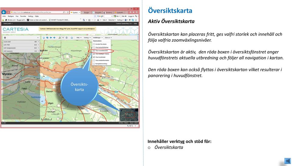 Översiktskartan är aktiv, den röda boxen i översiktsfönstret anger huvudfönstrets aktuella utbredning