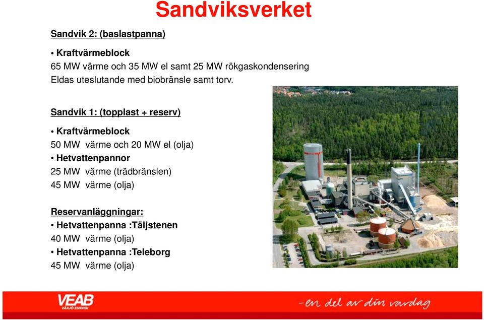 Sandvik 1: (topplast + reserv) Kraftvärmeblock 50 MW värme och 20 MW el (olja) Hetvattenpannor 25 MW