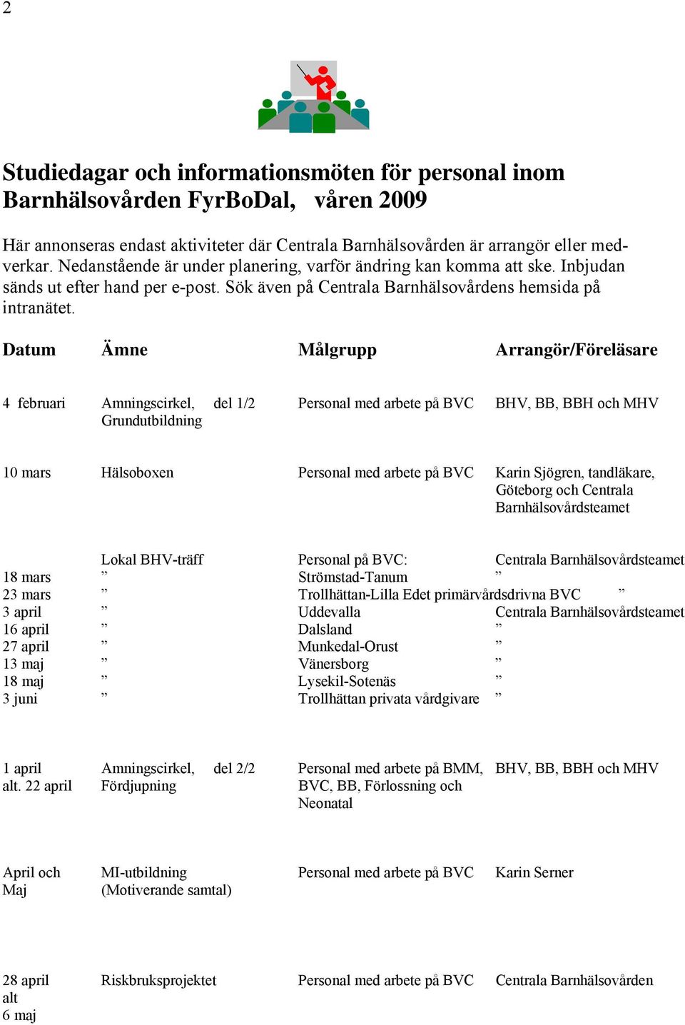 Datum Ämne Målgrupp Arrangör/Föreläsare 4 februari Amningscirkel, del 1/2 Personal med arbete på BVC BHV, BB, BBH och MHV Grundutbildning 10 mars Hälsoboxen Personal med arbete på BVC Karin Sjögren,