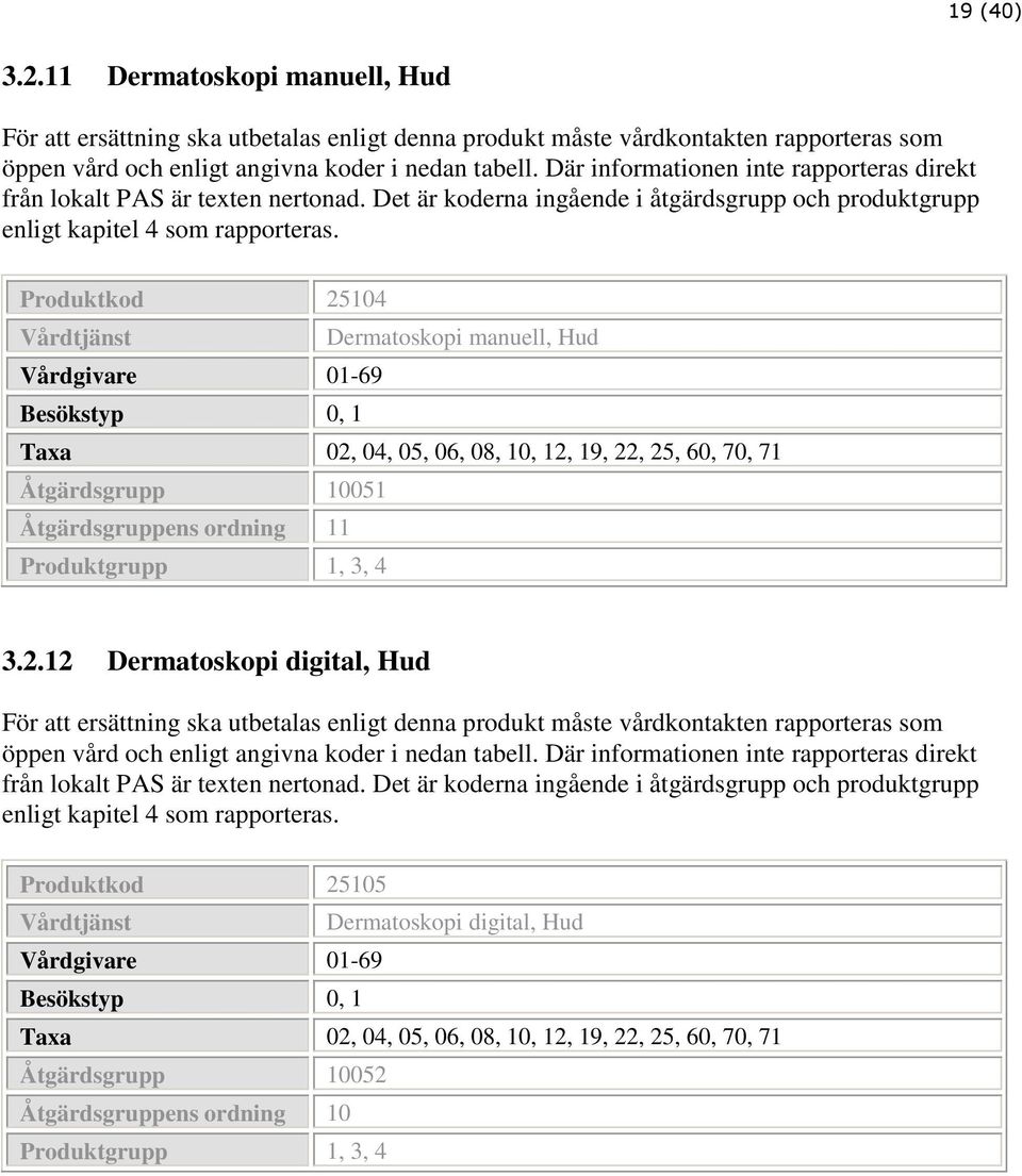 Produktkod 25104 Dermatoskopi manuell, Hud Vårdgivare 01-69 Besökstyp 0, 1 Taxa 02, 04, 05, 06, 08, 10, 12, 19, 22, 25, 60, 70, 71 Åtgärdsgrupp 10051 Åtgärdsgruppens ordning 11 Produktgrupp 1, 3, 4 3.