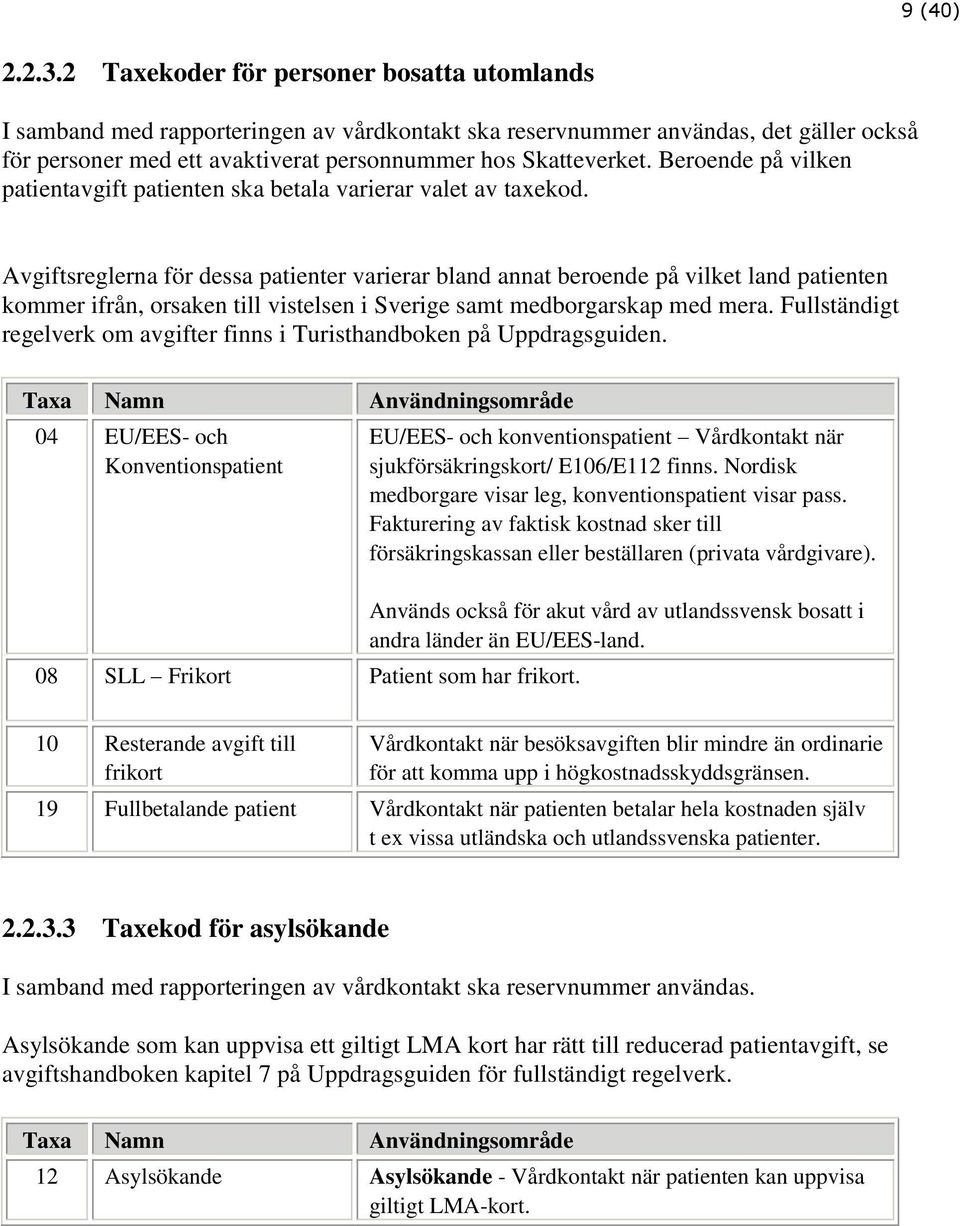 Beroende på vilken patientavgift patienten ska betala varierar valet av taxekod.