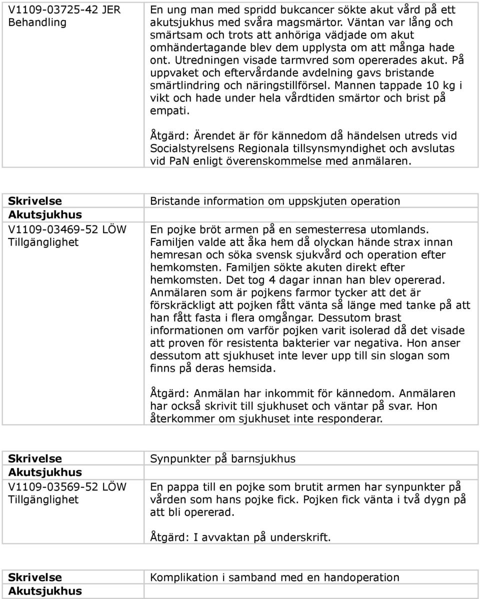 På uppvaket och eftervårdande avdelning gavs bristande smärtlindring och näringstillförsel. Mannen tappade 10 kg i vikt och hade under hela vårdtiden smärtor och brist på empati.