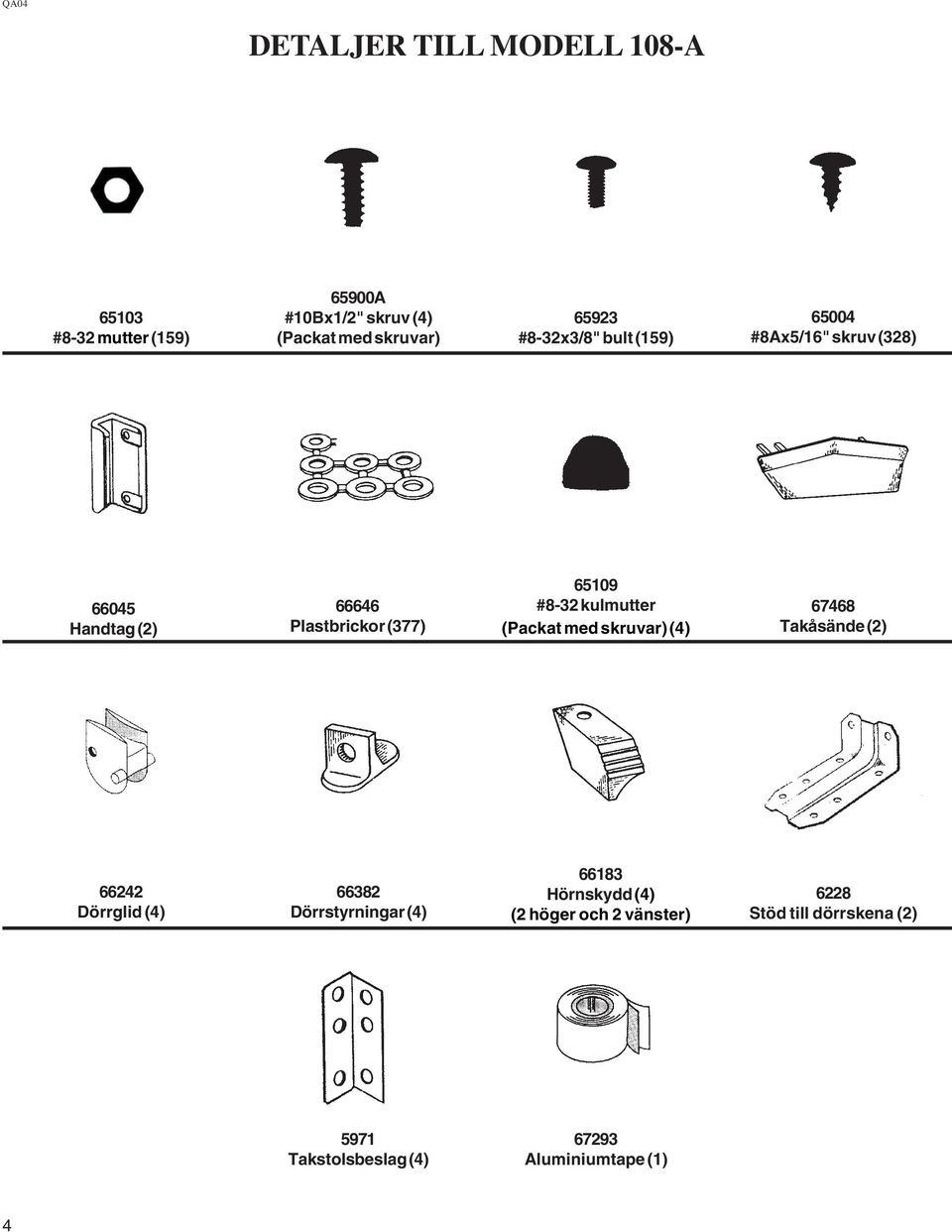 kulmutter (Packat med skruvar) (4) 67468 Takåsände () 664 Dörrglid (4) 668 Dörrstyrningar (4) 668