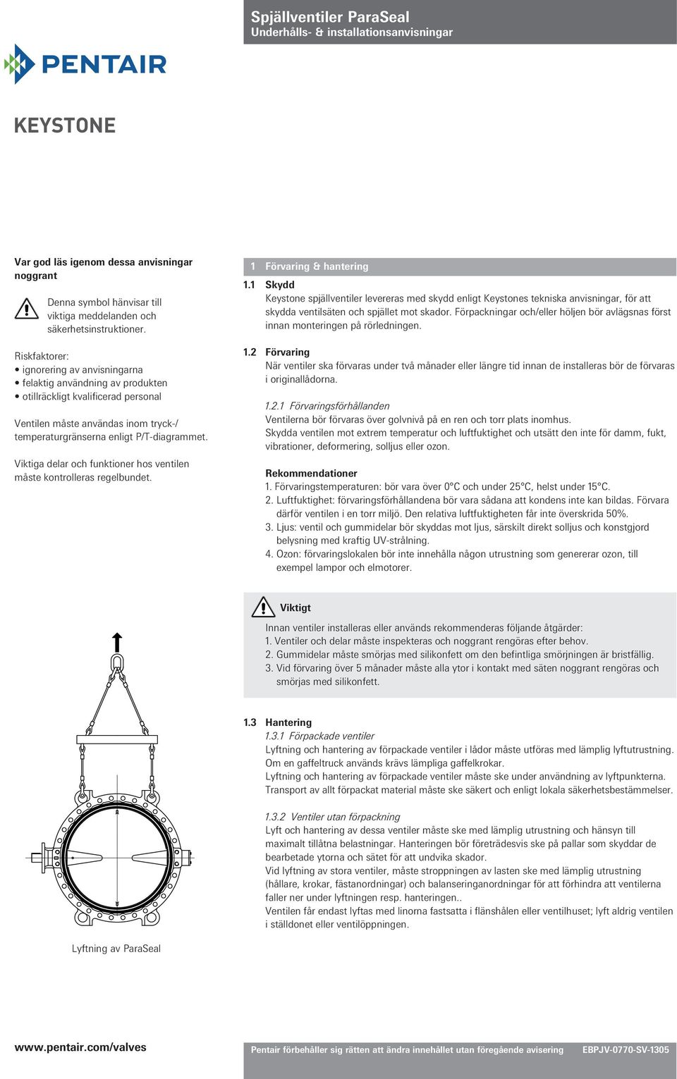 Viktiga delar och funktioner hos ventilen måste kontrolleras regelbundet. 1 Förvaring & hantering 1.