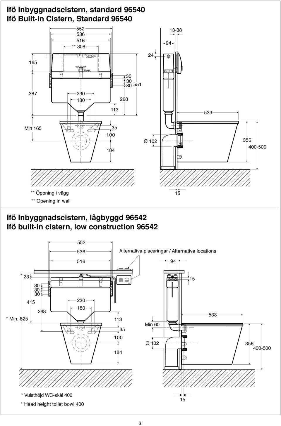 96542 Ifö built-in cistern, low construction 96542 552 536 56 Alternativa placeringar / Alternative locations 94 23 * Min.