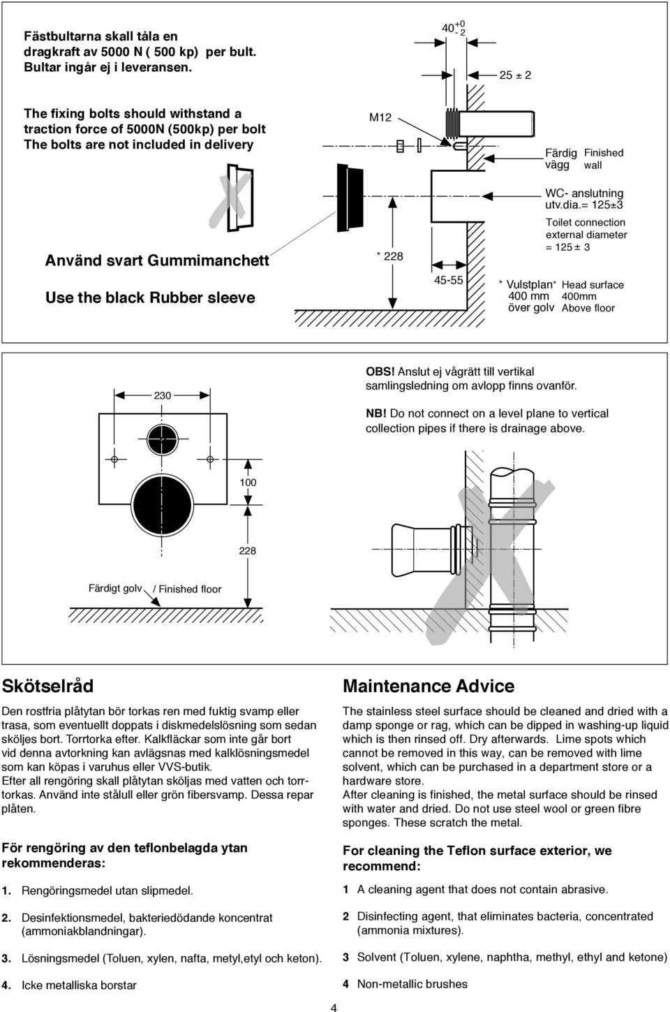 = 25±3 Använd svart Gummimanchett Use the black Rubber sleeve * 228 45-55 Toilet connection external diameter = 25 ± 3 * Vulstplan* Head surface 400 mm 400mm över golv Above floor 230 OBS!