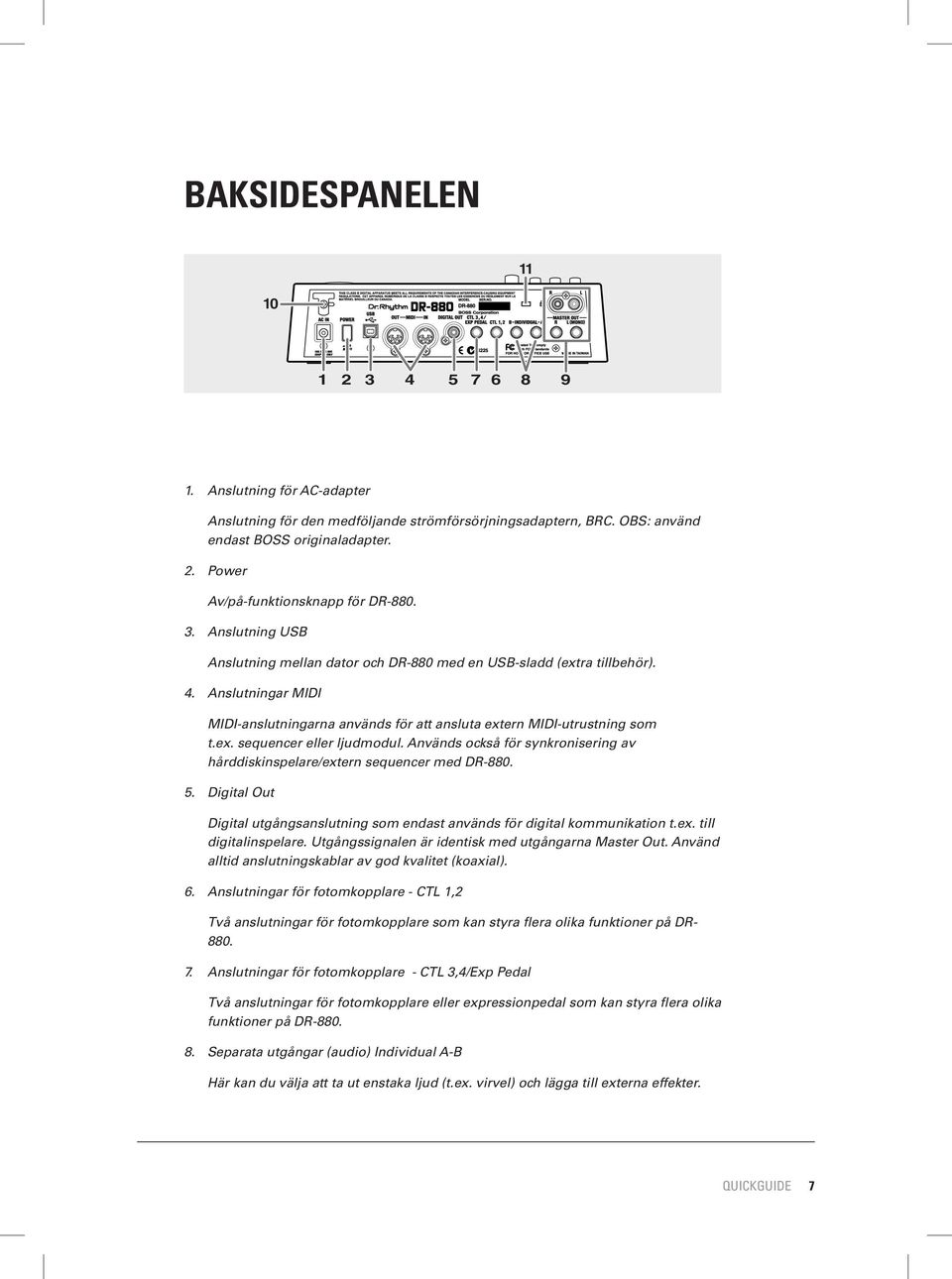 Används också för synkronisering av hårddiskinspelare/extern sequencer med DR-880. 5. Digital Out Digital utgångsanslutning som endast används för digital kommunikation t.ex. till digitalinspelare.