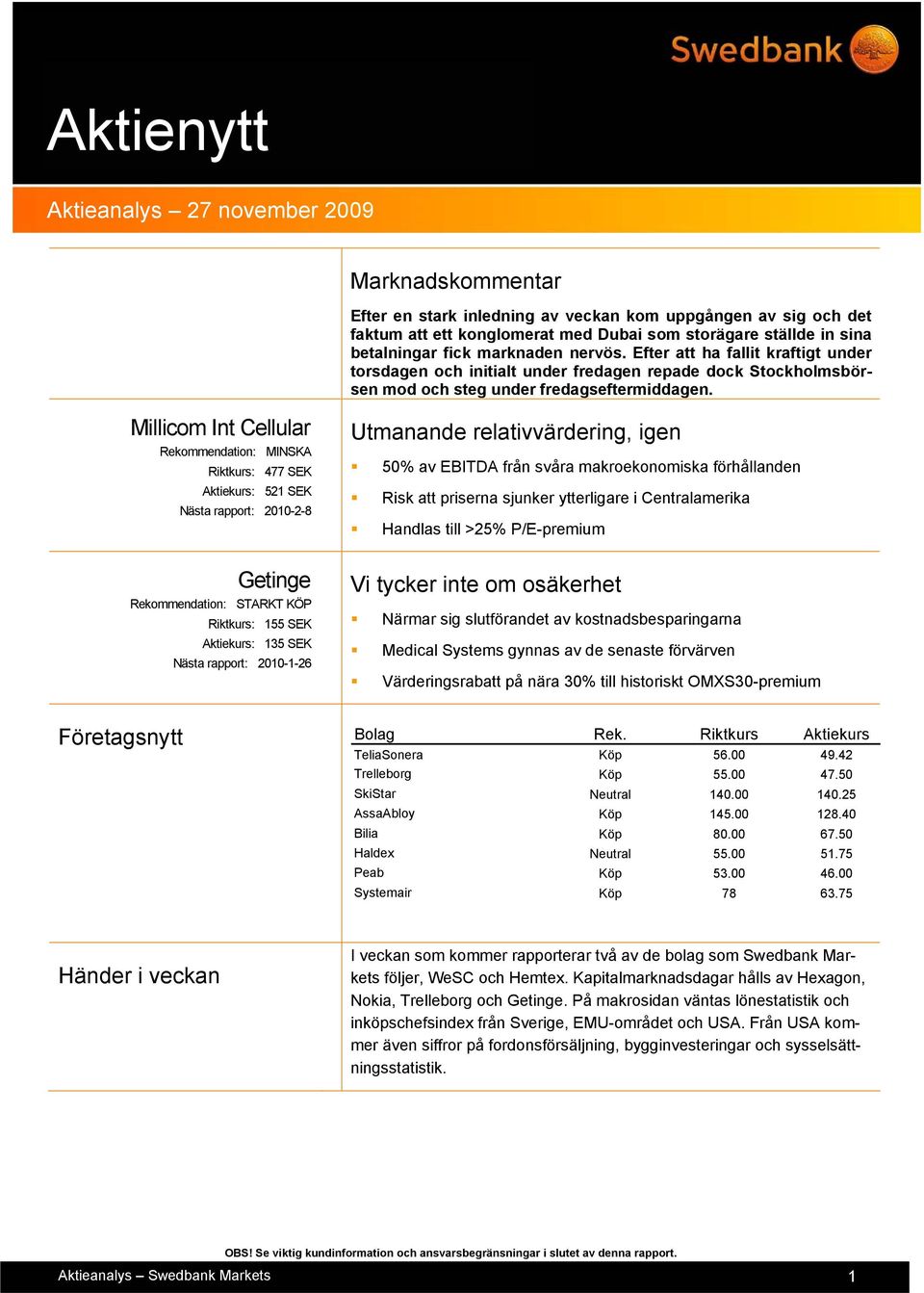 Millicom Int Cellular Rekommendation: MINSKA Riktkurs: 477 SEK Aktiekurs: 521 SEK Nästa rapport: 2010-2-8 Utmanande relativvärdering, igen 50% av EBITDA från svåra makroekonomiska förhållanden Risk