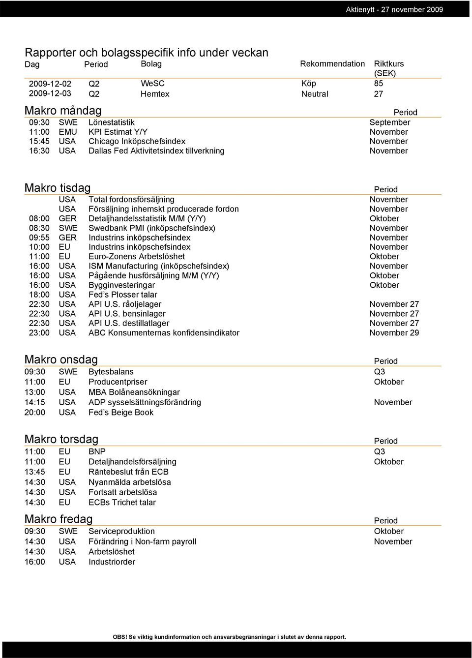 inhemskt producerade fordon November 08:00 GER Detaljhandelsstatistik M/M (Y/Y) Oktober 08:30 SWE Swedbank PMI (inköpschefsindex) November 09:55 GER Industrins inköpschefsindex November 10:00 EU