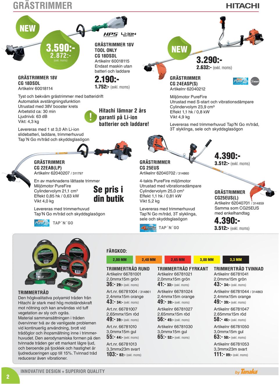 slidebatteri, laddare, trimmerhuvud Tap N Go m/tråd och skyddsglasögon Grästrimmer 18V Tool Only CG 18DSDL 60018115 Endast maskin utan batteri och laddare 2.190:- 1.