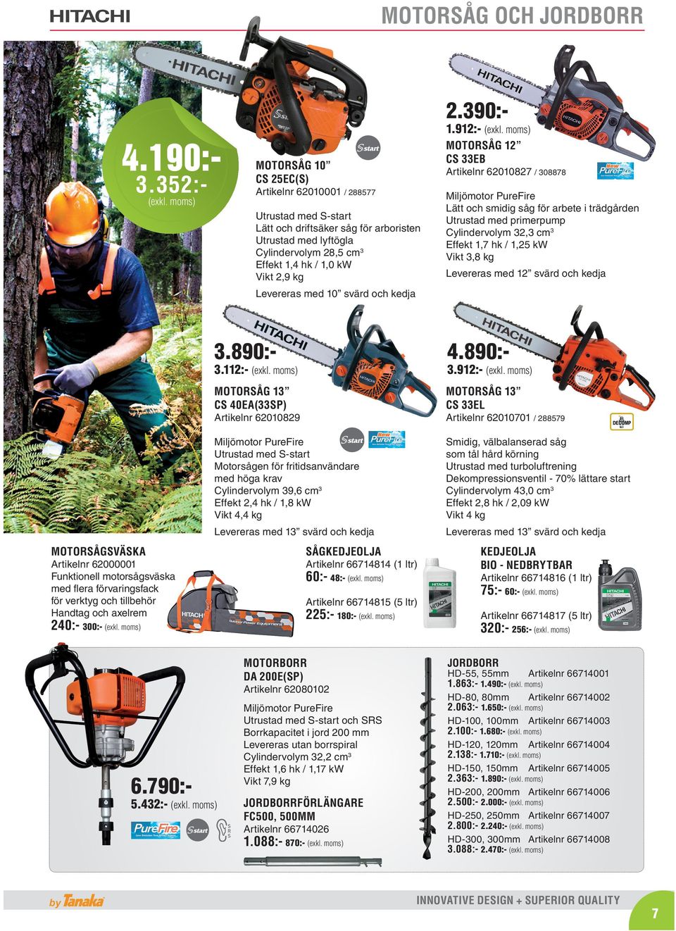 2,9 kg Lätt och smidig såg för arbete i trädgården Utrustad med primerpump Cylindervolym 32,3 cm3 Effekt 1,7 hk / 1,25 kw Vikt 3,8 kg Levereras med 12 svärd och kedja Levereras med 10 svärd och kedja