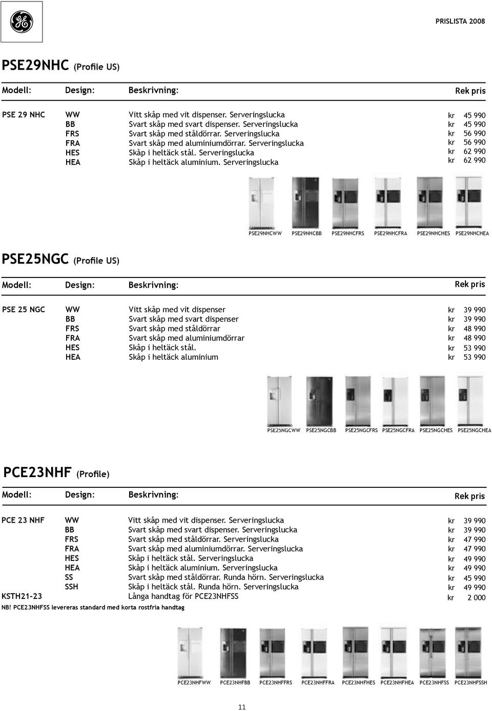 Serveringslucka kr 45 990 kr 45 990 kr 56 990 kr 56 990 kr 62 990 kr 62 990 PSE29NHCWW PSE29NHC PSE29NHCFRS PSE29NHCFRA PSE29NHCHES PSE29NHCHEA PSE25NGC (Profile US) Modell: Design: Beskrivning: PSE