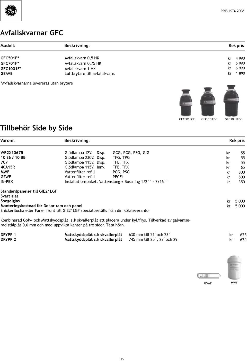 GCG, PCG, PSG, GIG 10 S6 / 10 Glödlampa 230V. Disp. TFG, TPG 7C7 Glödlampa 115V. Disp. TFE, TFX 40A15R Glödlampa 115V. Innv.