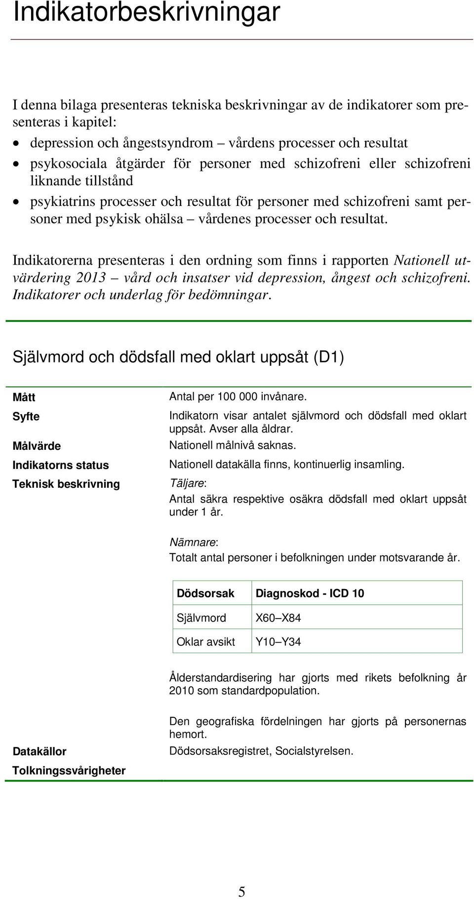 Indikatorerna presenteras i den ordning som finns i rapporten Nationell utvärdering 2013 vård och insatser vid depression, ångest och schizofreni. Indikatorer och underlag för bedömningar.