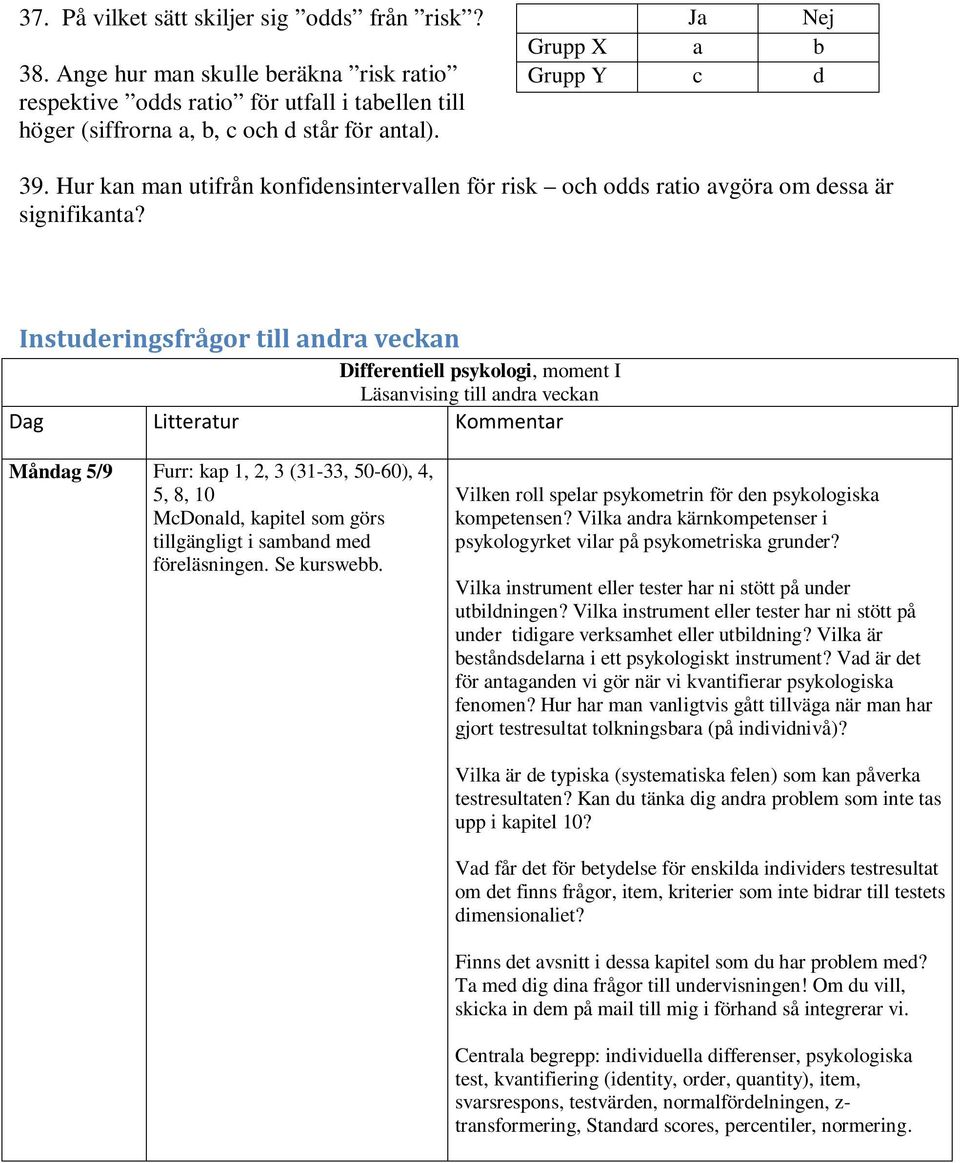 Instuderingsfrågor till andra veckan Differentiell psykologi, moment I Läsanvising till andra veckan Dag Litteratur Kommentar Måndag 5/9 Furr: kap 1, 2, 3 (31-33, 50-60), 4, 5, 8, 10 McDonald,