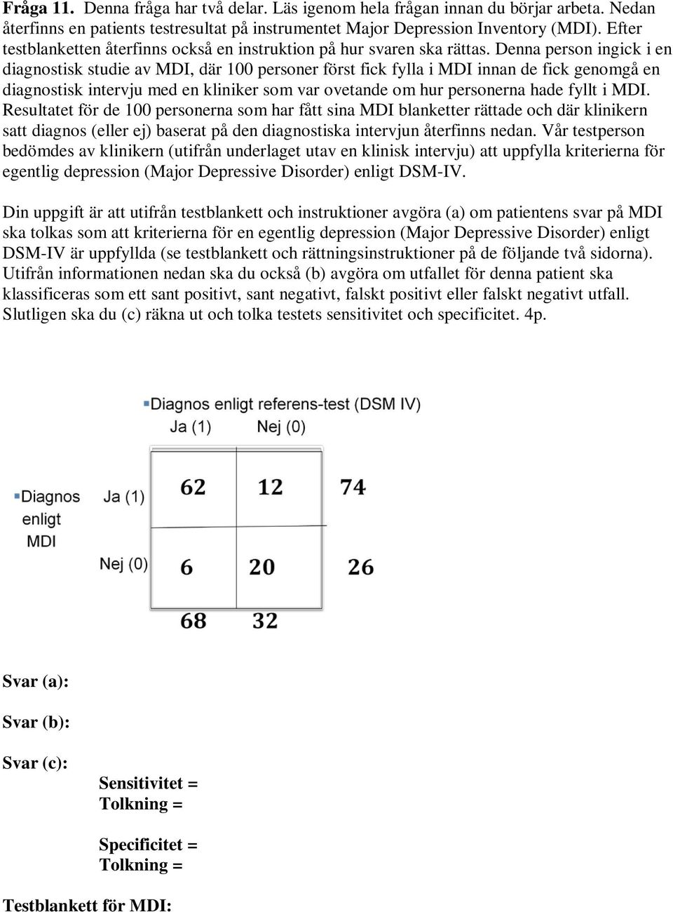 Denna person ingick i en diagnostisk studie av MDI, där 100 personer först fick fylla i MDI innan de fick genomgå en diagnostisk intervju med en kliniker som var ovetande om hur personerna hade fyllt